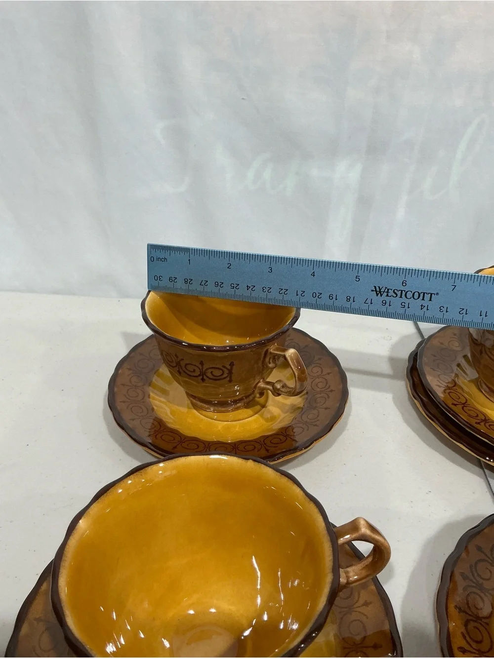Amber Brown Ceramic Teacup and Saucer Set - 5pc
